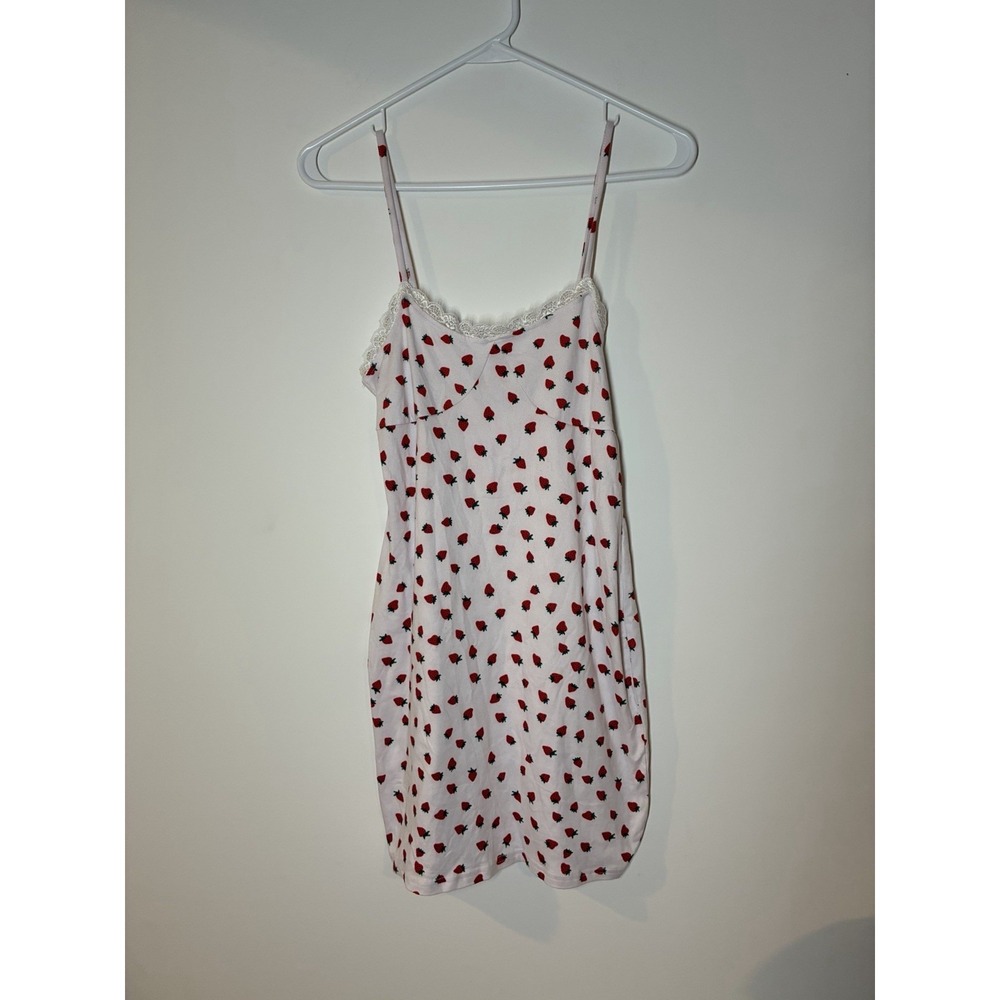 white spaghetti strap mini dress red strawberry pattern lace neckline S Y2K soft